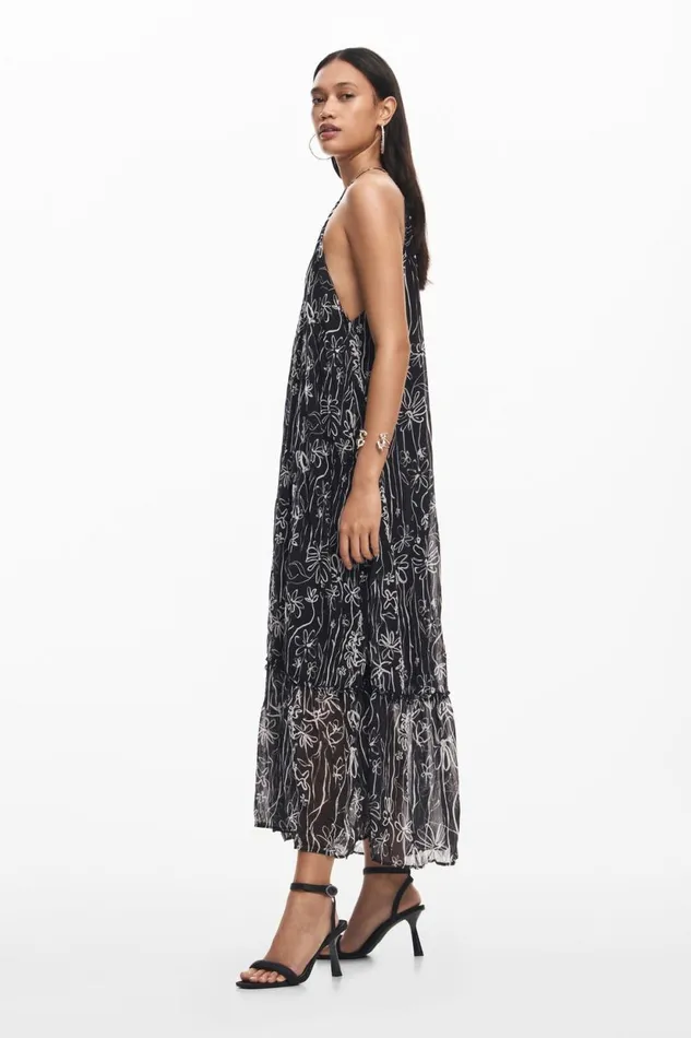 Dresses And Jumpsuits Women Desigual Halter Dress With Floral Illustrations Black