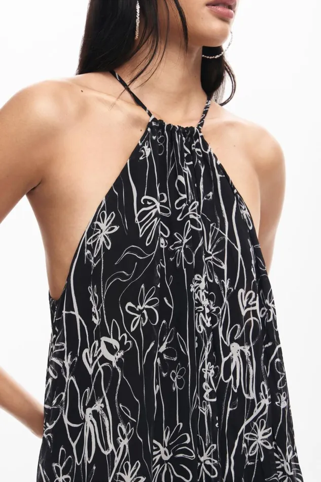 Dresses And Jumpsuits Women Desigual Halter Dress With Floral Illustrations Black