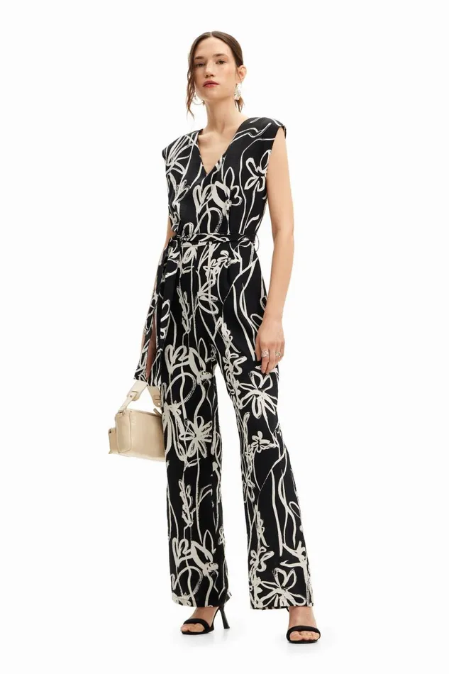 Dresses And Jumpsuits Women Desigual Long Jumpsuit With Illustrated Flowers Black Dresses And Jumpsuits Women Desigual Long Jumpsuit With Illustrated Flowers Black