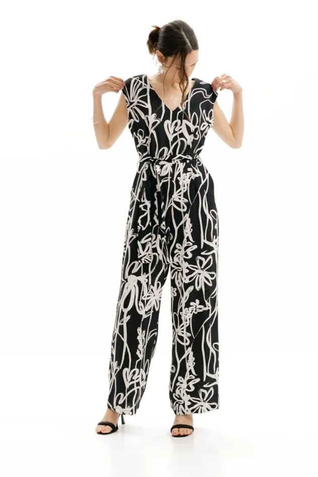 Dresses And Jumpsuits Women Desigual Long Jumpsuit With Illustrated Flowers Black