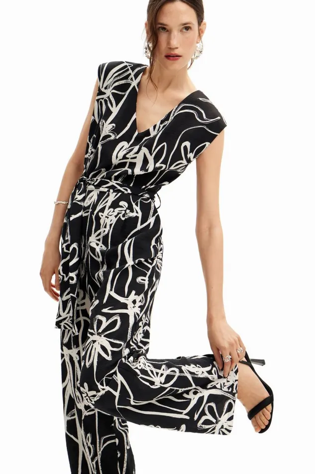 Dresses And Jumpsuits Women Desigual Long Jumpsuit With Illustrated Flowers Black