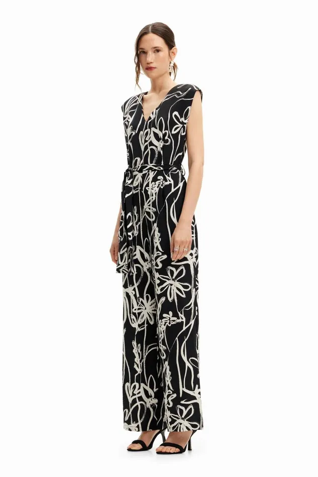 Dresses And Jumpsuits Women Desigual Long Jumpsuit With Illustrated Flowers Black