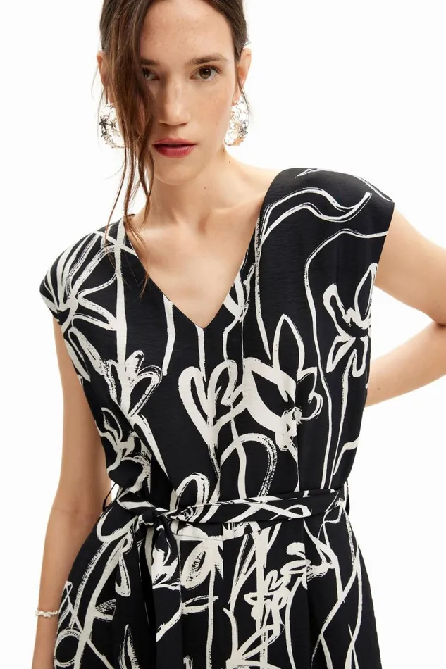 Dresses And Jumpsuits Women Desigual Long Jumpsuit With Illustrated Flowers Black