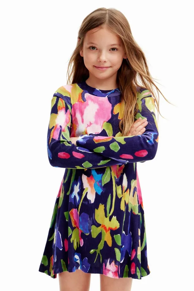 Dresses Kids Desigual Floral Dress With A High Neck Blue