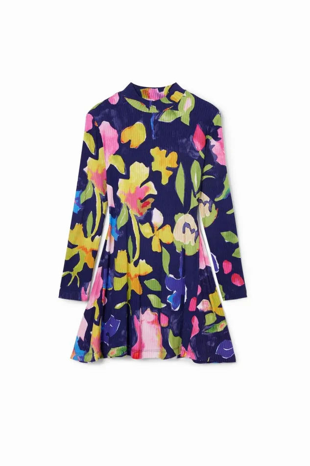 Dresses Kids Desigual Floral Dress With A High Neck Blue