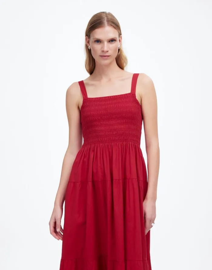 Dresses Women Madewell Smocked Tiered Maxi Dress Solid Crimson Berry