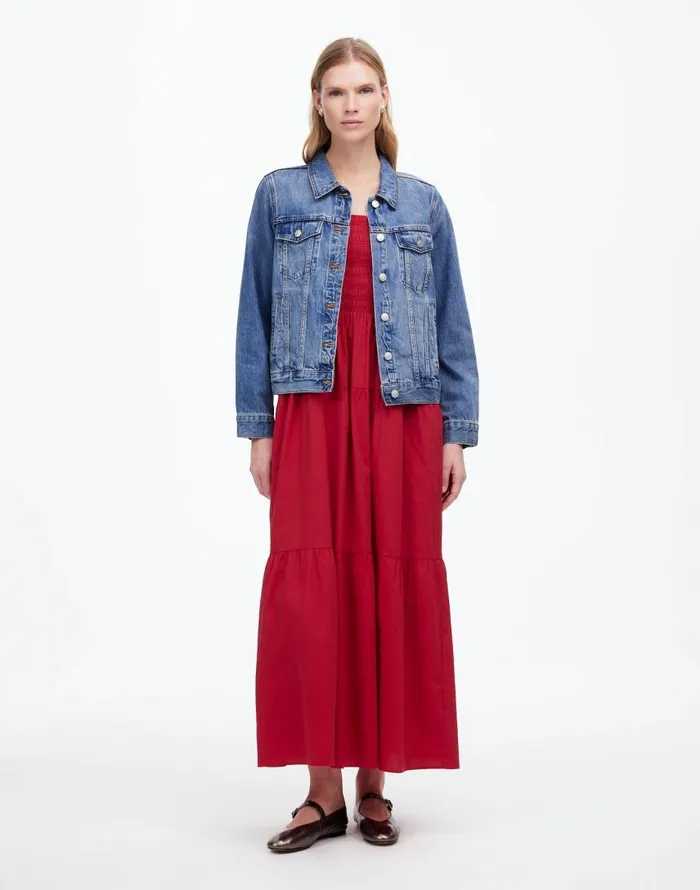 Dresses Women Madewell Smocked Tiered Maxi Dress Solid Crimson Berry