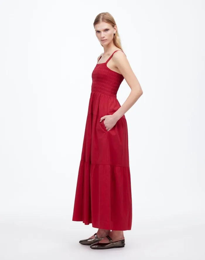 Dresses Women Madewell Smocked Tiered Maxi Dress Solid Crimson Berry