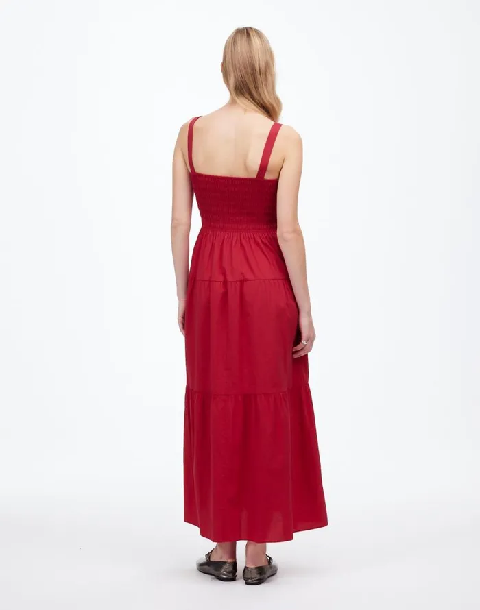 Dresses Women Madewell Smocked Tiered Maxi Dress Solid Crimson Berry