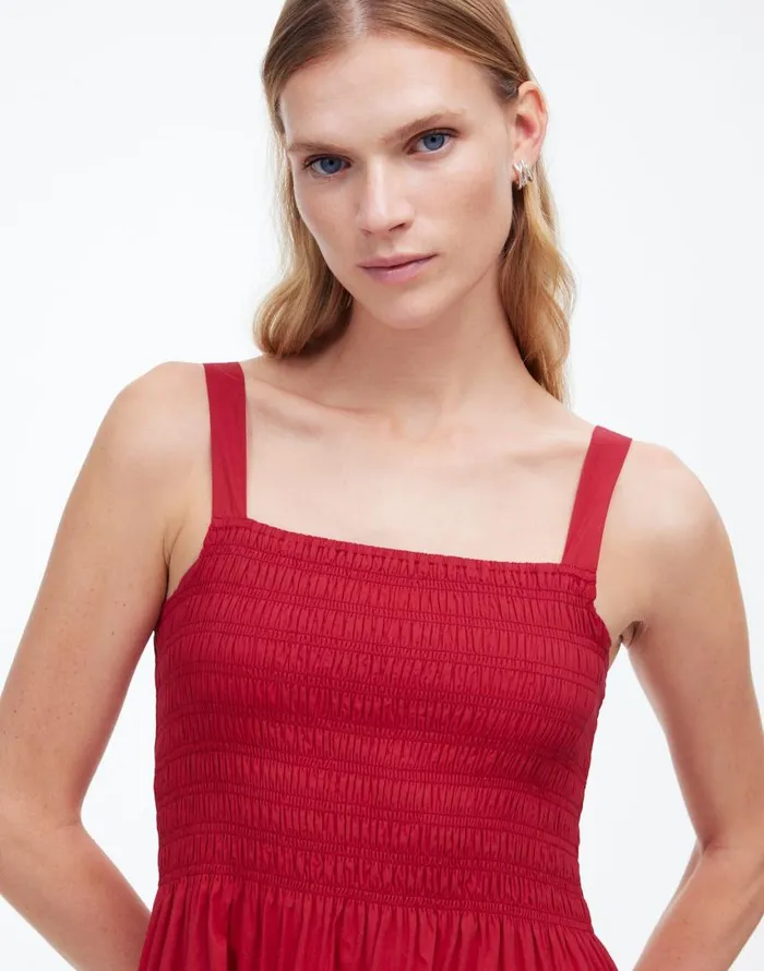 Dresses Women Madewell Smocked Tiered Maxi Dress Solid Crimson Berry