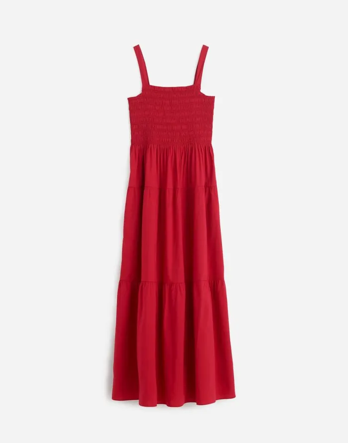 Dresses Women Madewell Smocked Tiered Maxi Dress Solid Crimson Berry