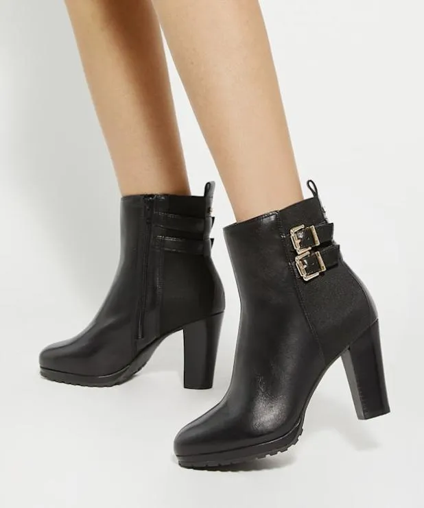 Dune London Ankle Boots Women Double Buckle Block Heel Boots Black