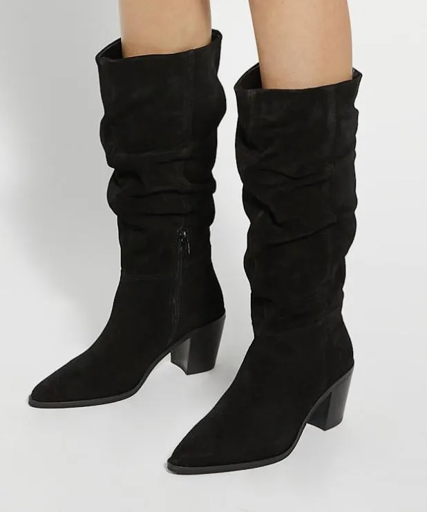 Dune London Black Boots Women Suede Knee High Western Boots Black