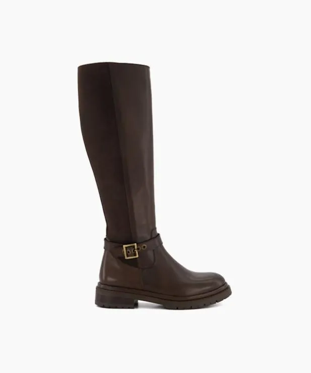 Dune London Brown Boots Women BuckleDetail Leather KneeHigh Boots Brown