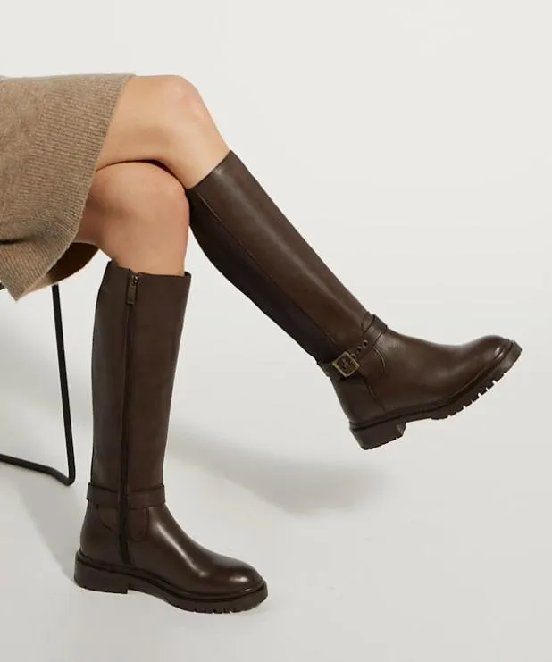 Dune London Brown Boots Women BuckleDetail Leather KneeHigh Boots Brown