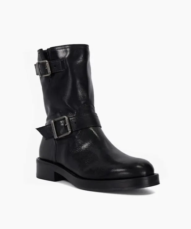 Dune London Flat Boots Women Buckle Detail Chunky Biker Boots Black