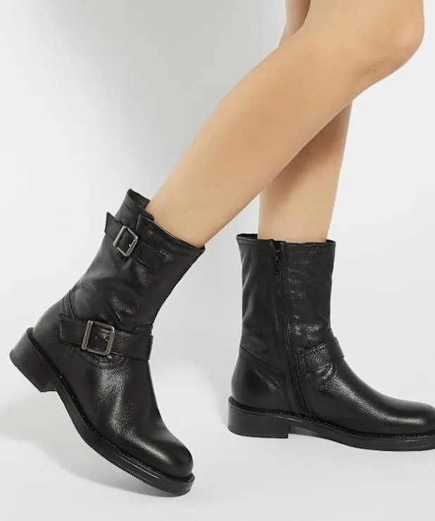 Dune London Flat Boots Women Buckle Detail Chunky Biker Boots Black