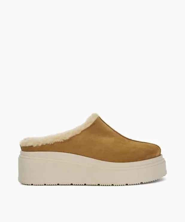 Dune London Flat Shoes Women Suede Faux Shearling Flatform Mules Neutral