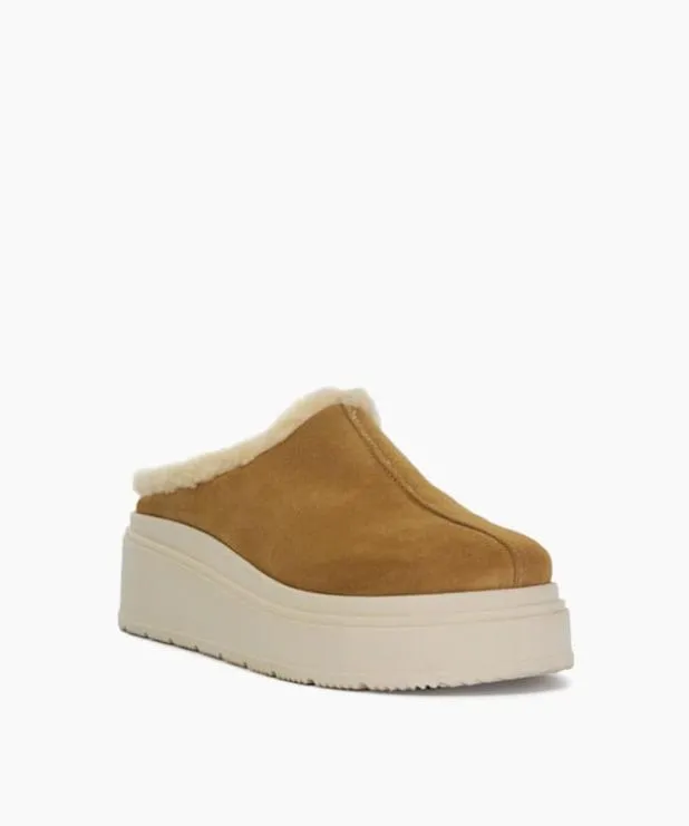 Dune London Flat Shoes Women Suede Faux Shearling Flatform Mules Neutral