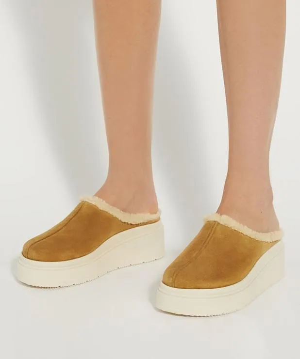 Dune London Flat Shoes Women Suede Faux Shearling Flatform Mules Neutral