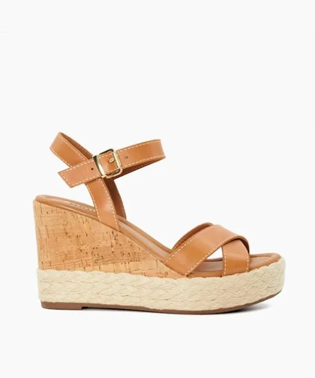 Dune London Heeled Sandals Women Leather Cork And Woven Wedge Sandals Brown