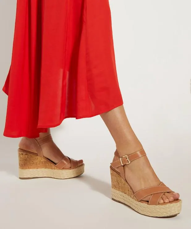 Dune London Heeled Sandals Women Leather Cork And Woven Wedge Sandals Brown