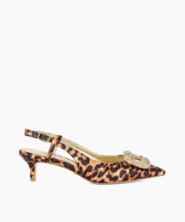 Dune London Heels Women Boucle Brooch Detail Kitten Heel Slingback Animal