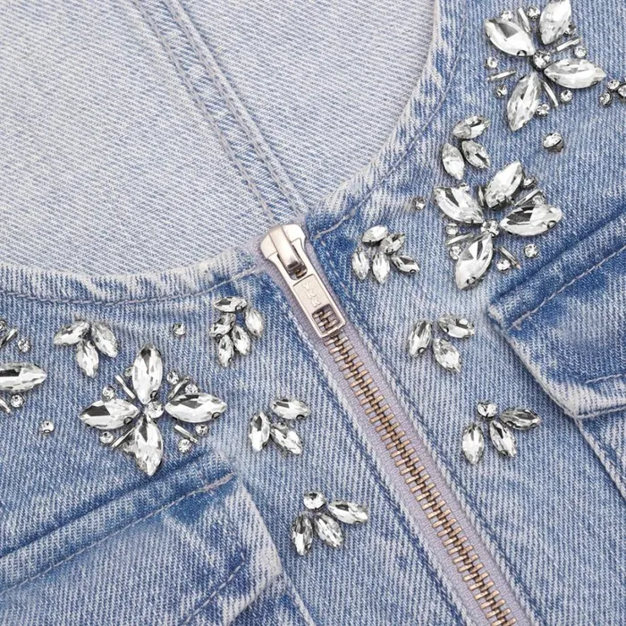 Embellished Denim Mini Dress Women Self Portrait Dresses Embellished Denim Mini Dress Women Self Portrait Dresses