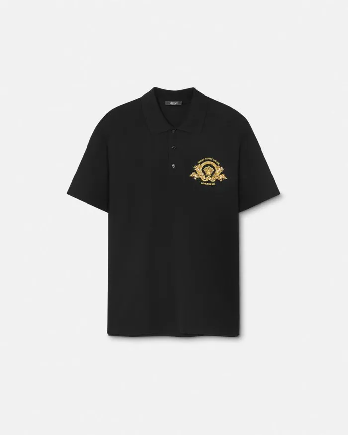 Embroidered Coupe Blason Polo Shirt Black Men Versace TShirts and Polos