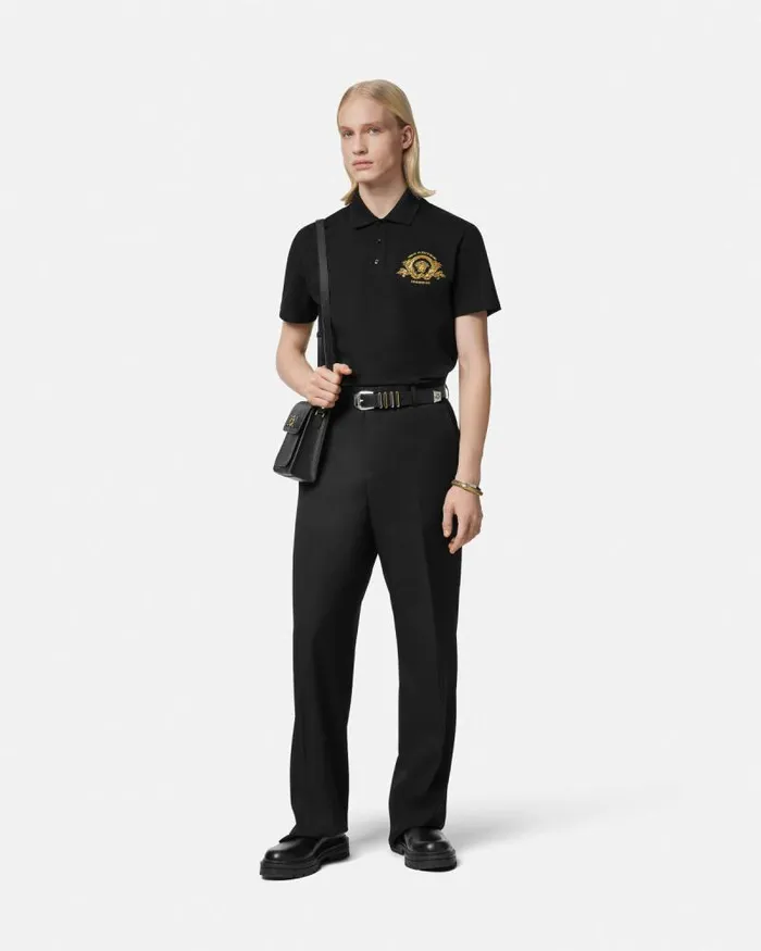 Embroidered Coupe Blason Polo Shirt Black Men Versace TShirts and Polos