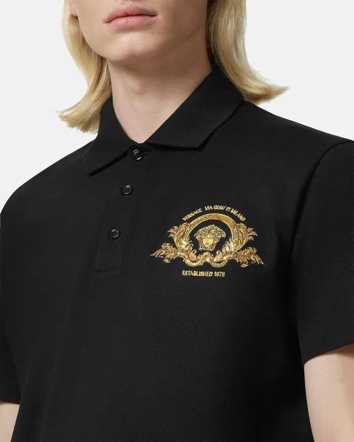 Embroidered Coupe Blason Polo Shirt Black Men Versace TShirts and Polos