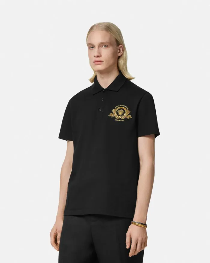 Embroidered Coupe Blason Polo Shirt Black Men Versace TShirts and Polos
