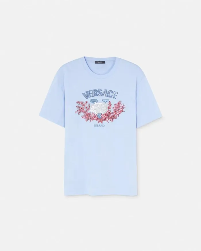 Embroidered University Coral TShirt Light Blue Men Versace TShirts and Polos