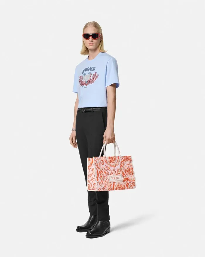 Embroidered University Coral TShirt Light Blue Men Versace TShirts and Polos