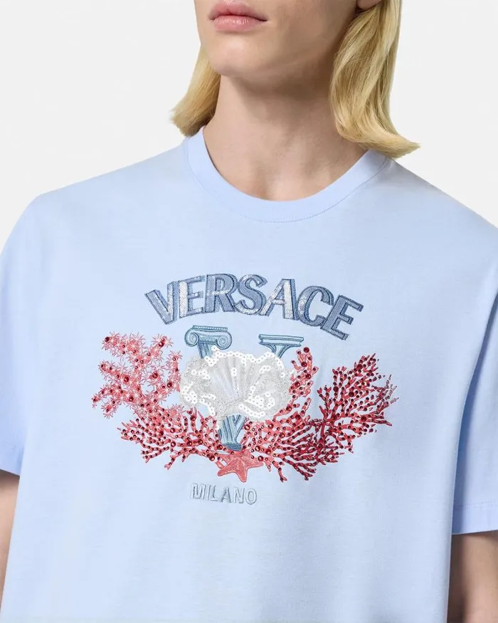 Embroidered University Coral TShirt Light Blue Men Versace TShirts and Polos