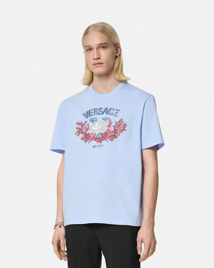 Embroidered University Coral TShirt Light Blue Men Versace TShirts and Polos
