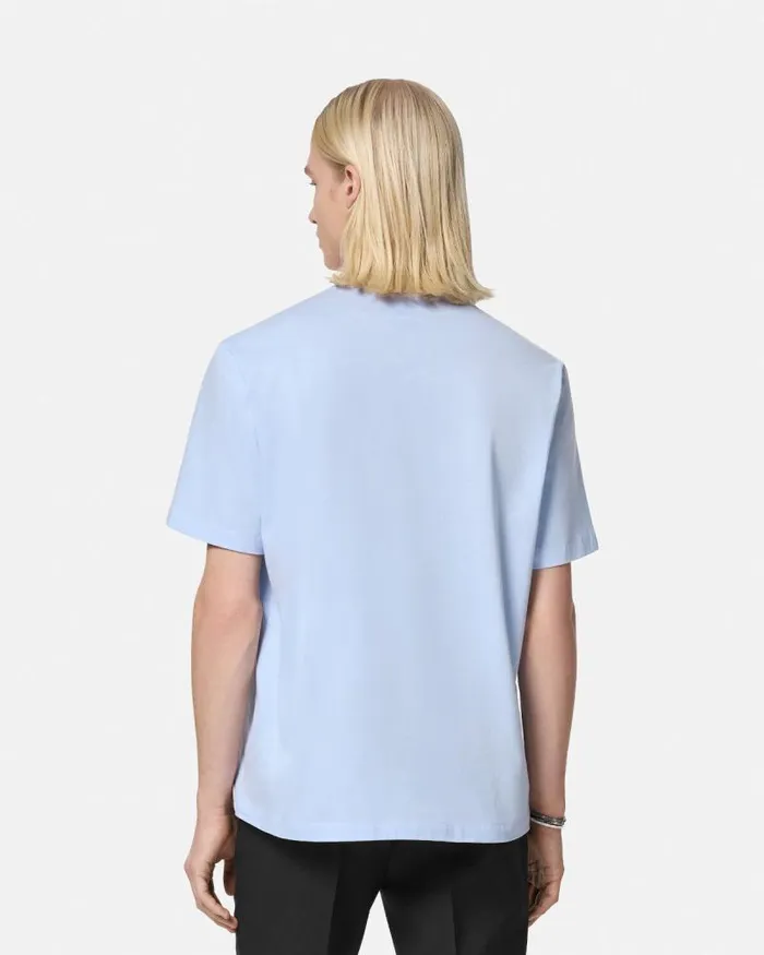 Embroidered University Coral TShirt Light Blue Men Versace TShirts and Polos