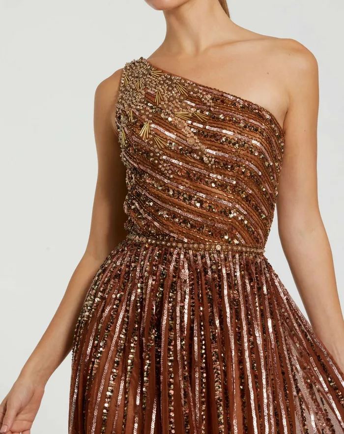 Evening Gowns Embellished One Shoulder ALine Gown Copper 8211 Mac Duggal Women
