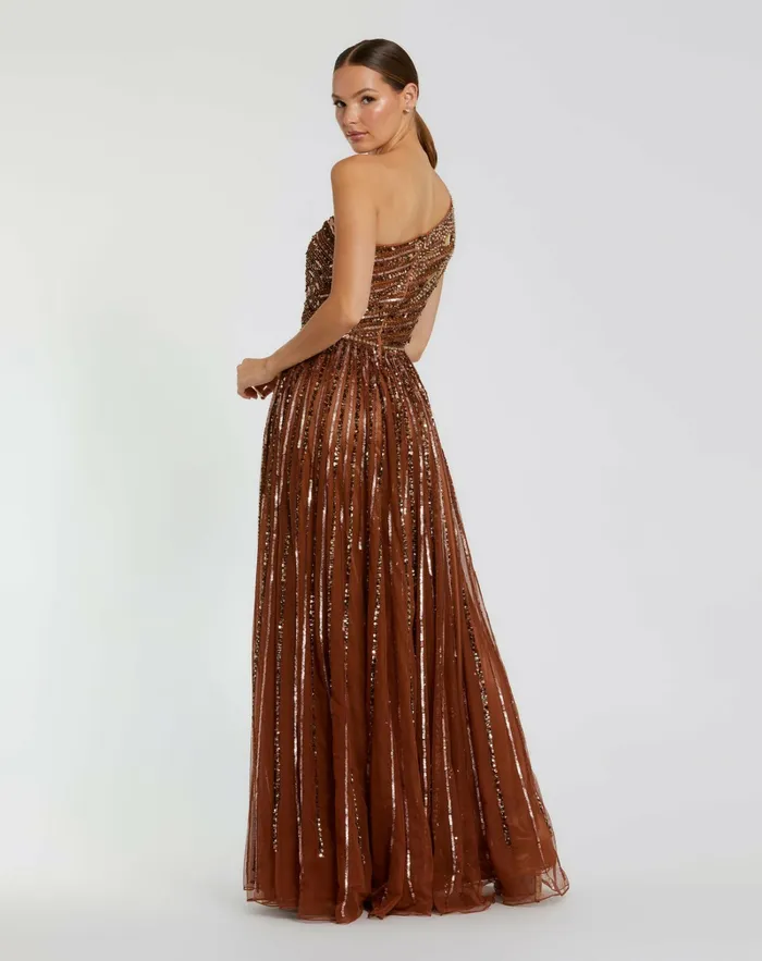 Evening Gowns Embellished One Shoulder ALine Gown Copper 8211 Mac Duggal Women