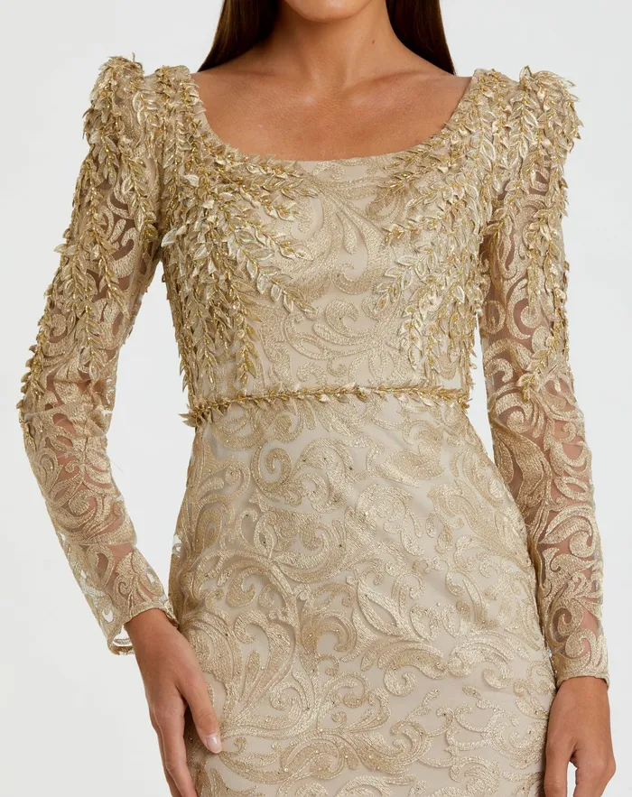 Evening Gowns Gold Embroidered Lace Applique Shoulder Detail Trumpet Gown Light Gold 8211 Mac Duggal Women