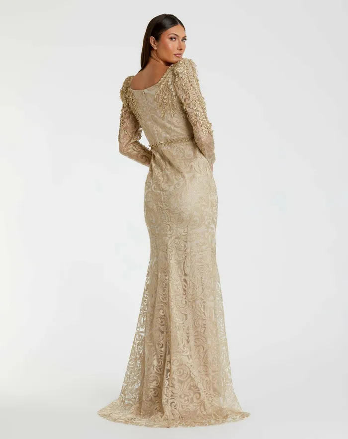 Evening Gowns Gold Embroidered Lace Applique Shoulder Detail Trumpet Gown Light Gold 8211 Mac Duggal Women