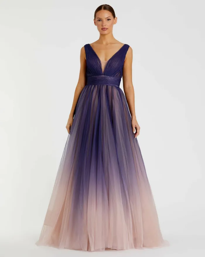 Evening Gowns Mac Duggal Women Sleeveless Ombre Tulle Ball Gown Indigo Ombre