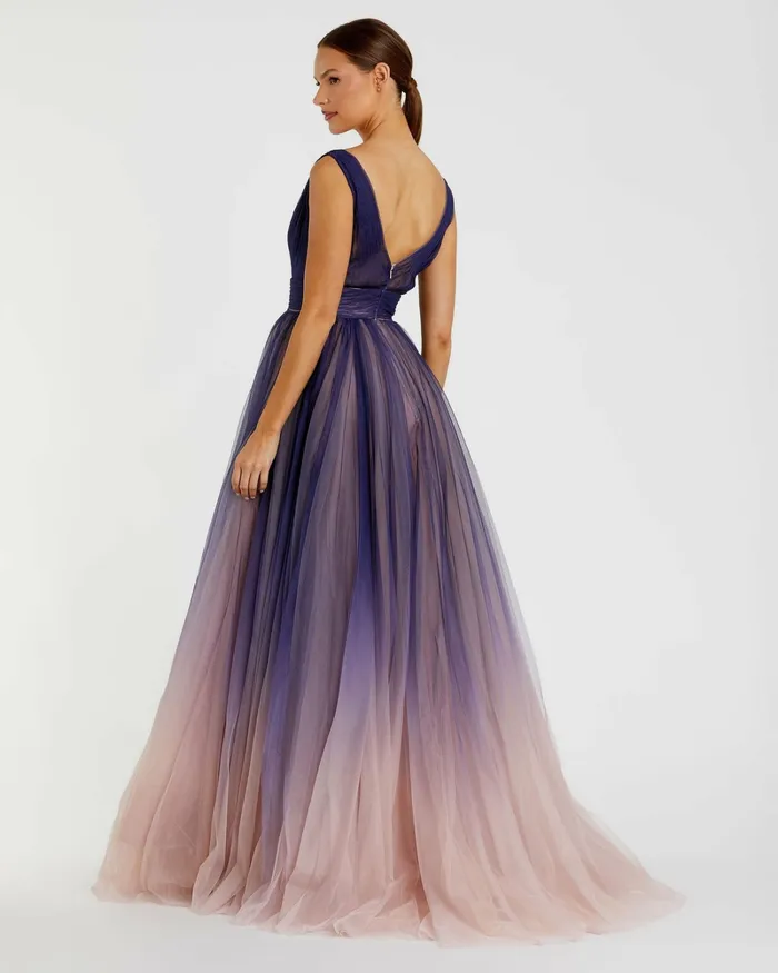 Evening Gowns Mac Duggal Women Sleeveless Ombre Tulle Ball Gown Indigo Ombre