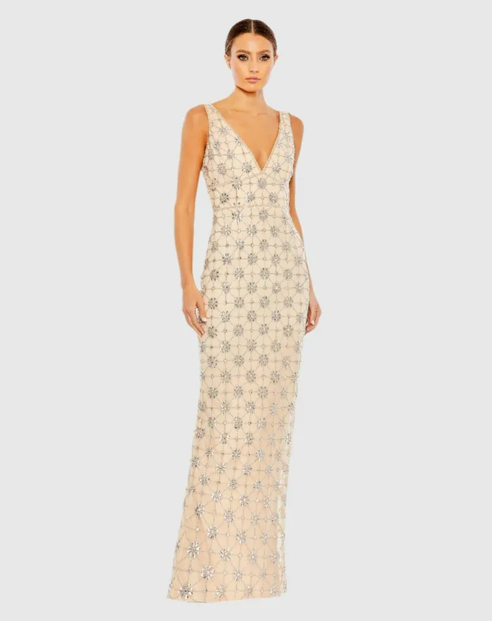 Evening Gowns Sleeveless Hand Beaded VNeck Gown Nude Silver Mac Duggal Women