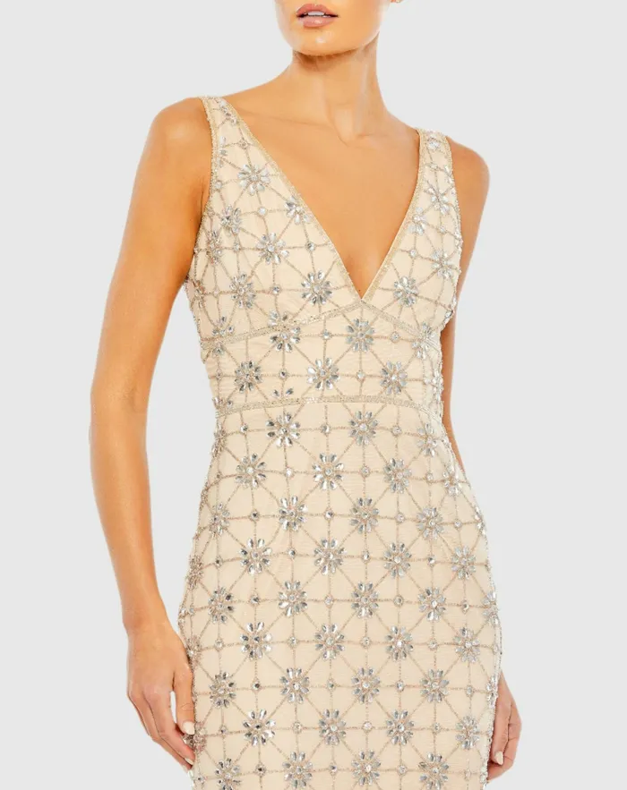 Evening Gowns Sleeveless Hand Beaded VNeck Gown Nude Silver Mac Duggal Women