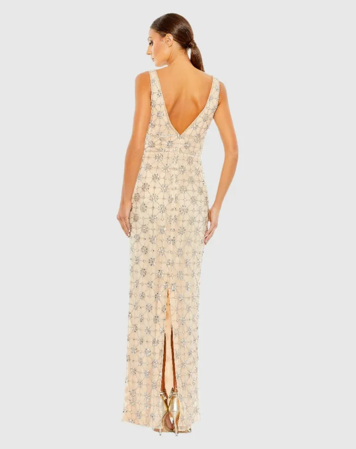 Evening Gowns Sleeveless Hand Beaded VNeck Gown Nude Silver Mac Duggal Women