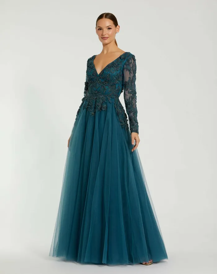 Evening Gowns Women Long Sleeve Embellished Tulle Gown Teal Mac Duggal
