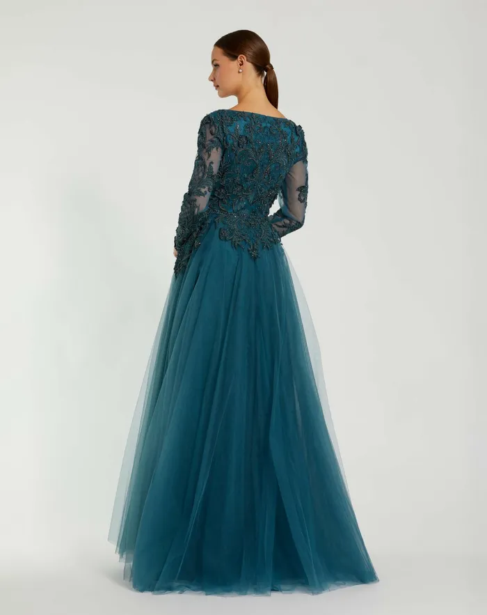 Evening Gowns Women Long Sleeve Embellished Tulle Gown Teal Mac Duggal Evening Gowns Women Long Sleeve Embellished Tulle Gown Teal Mac Duggal
