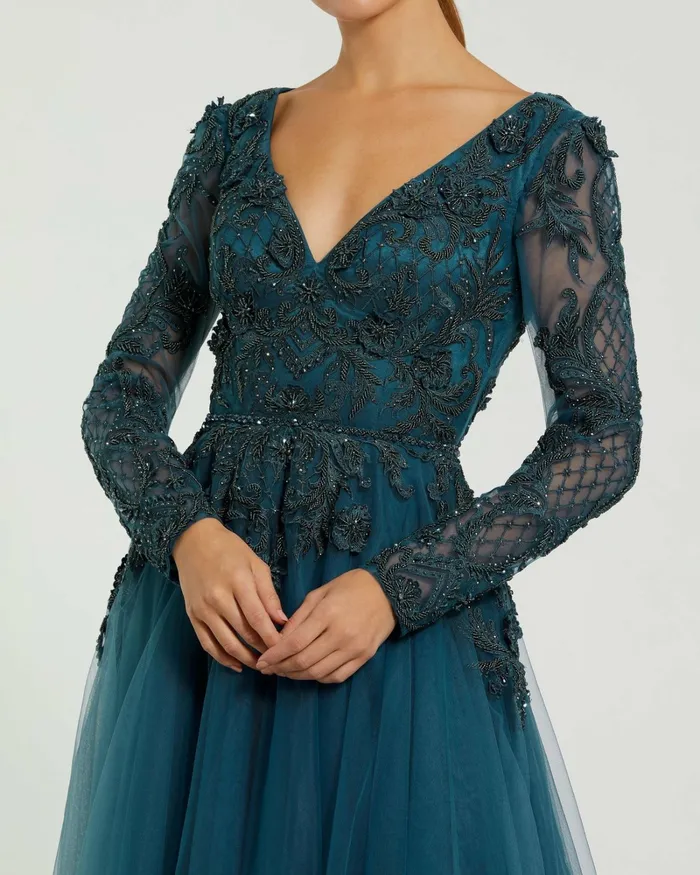 Evening Gowns Women Long Sleeve Embellished Tulle Gown Teal Mac Duggal Evening Gowns Women Long Sleeve Embellished Tulle Gown Teal Mac Duggal