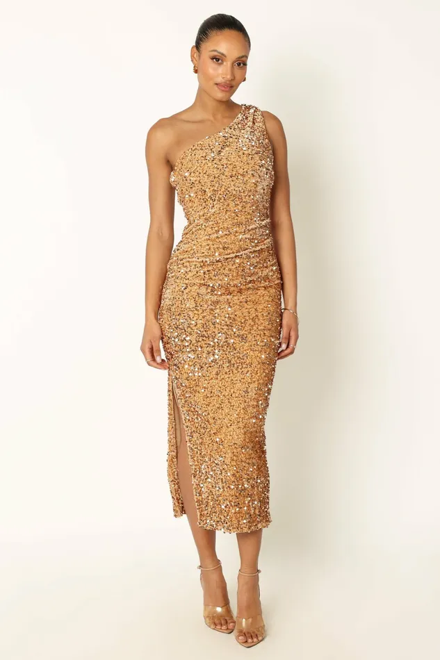 Event Dresses Kiki One Shoulder Midi Dress Gold 8211 Petal and Pup Women